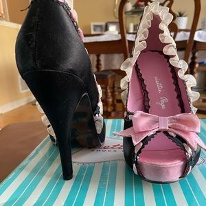Bettie Page Shoes. Size 6. New in box. Black satin with pink ribbon and organza